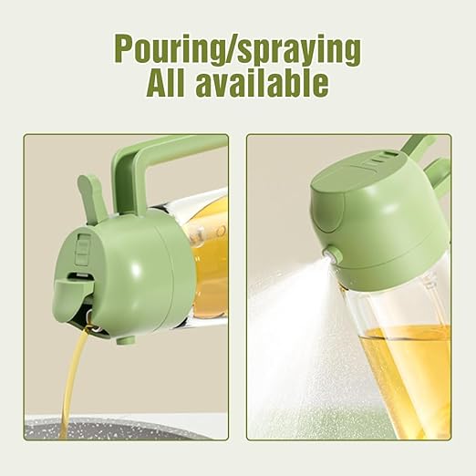 Intently oil sprayer bottle held in hand above a frying pan
