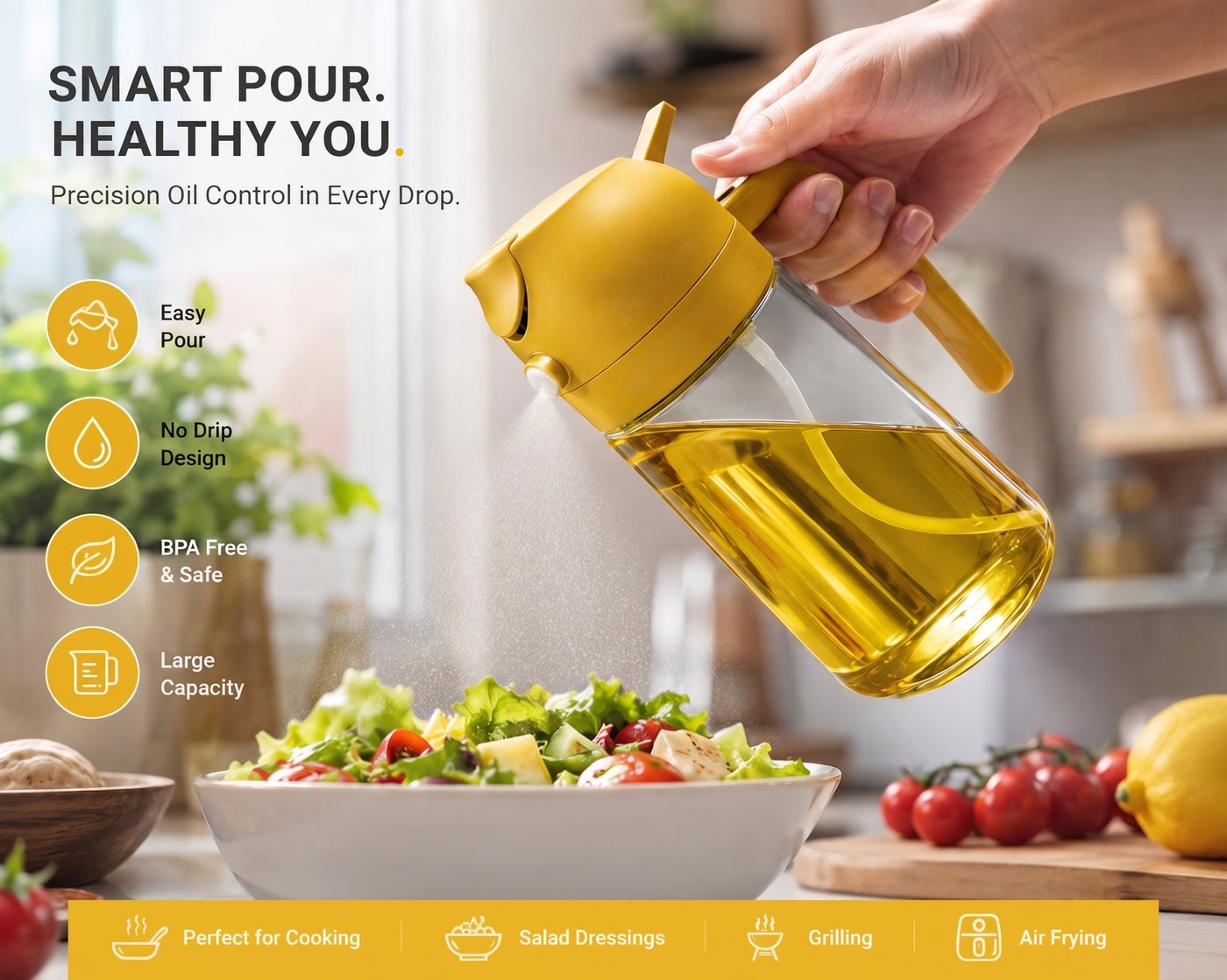 Intently 2-in-1 oil sprayer and dispenser bottle, 500ml glass body with yellow cap