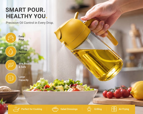 Intently 2-in-1 oil sprayer and dispenser bottle, 500ml glass body with yellow cap